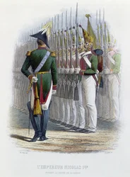 Tsar Nicholas I of Russia inspecting his guards standing to attention